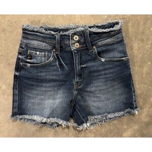 Kancan Women's Mid Rise Frayed Blue Denim Jean Shorts Size 25 Style 128055